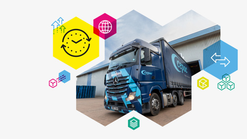 Image of a Cepac branded lorry leaving a factory. Surrounded by transit themed icons within hexagons.