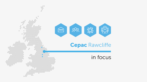 Map of the UK with the Rawcliffe site highlighted. Accompanied by icons representing the site, people, technology and sustainability.