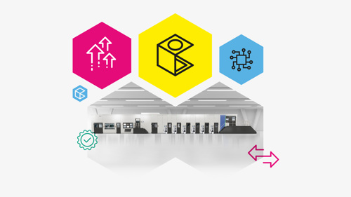 Chromacut machine photograph accompanied by print related icons in hexagon containers.