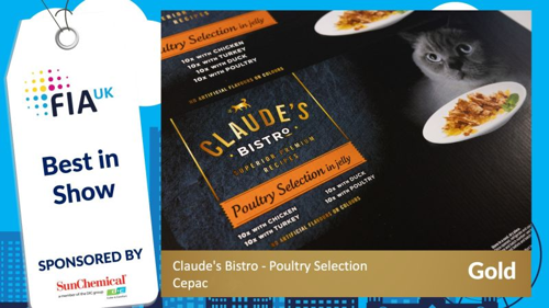 FIA UK Awards, Best in show. Image shows a close up of corrugated packaging for Claude's Bistro pet food packaging.