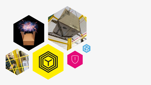Image montage showing fireworks packagging and UN boxes being tested. Surrounded by icons in hexagon shapes.