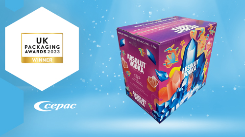 Photograph of Malibu packaging next to graphics of the UK Packaging Awards Winner logo and Cepc logo.