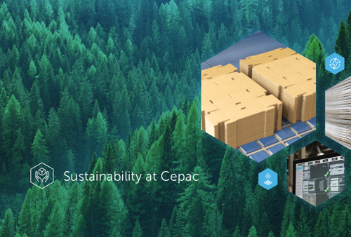 Sustainability at Cepac - Text over trees and images of boxes, equipment and a camera screen