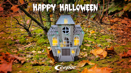 Image of a corrugated haunted house with "Happy Halloween" text and Cepac logo.